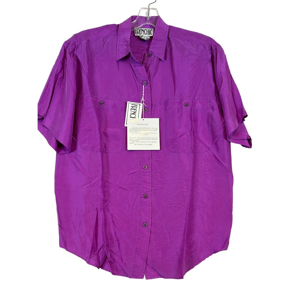 NWT Vintage Womens Purple Washable Silk Short Sleeve Button Up Shirt Sm Frenchic
